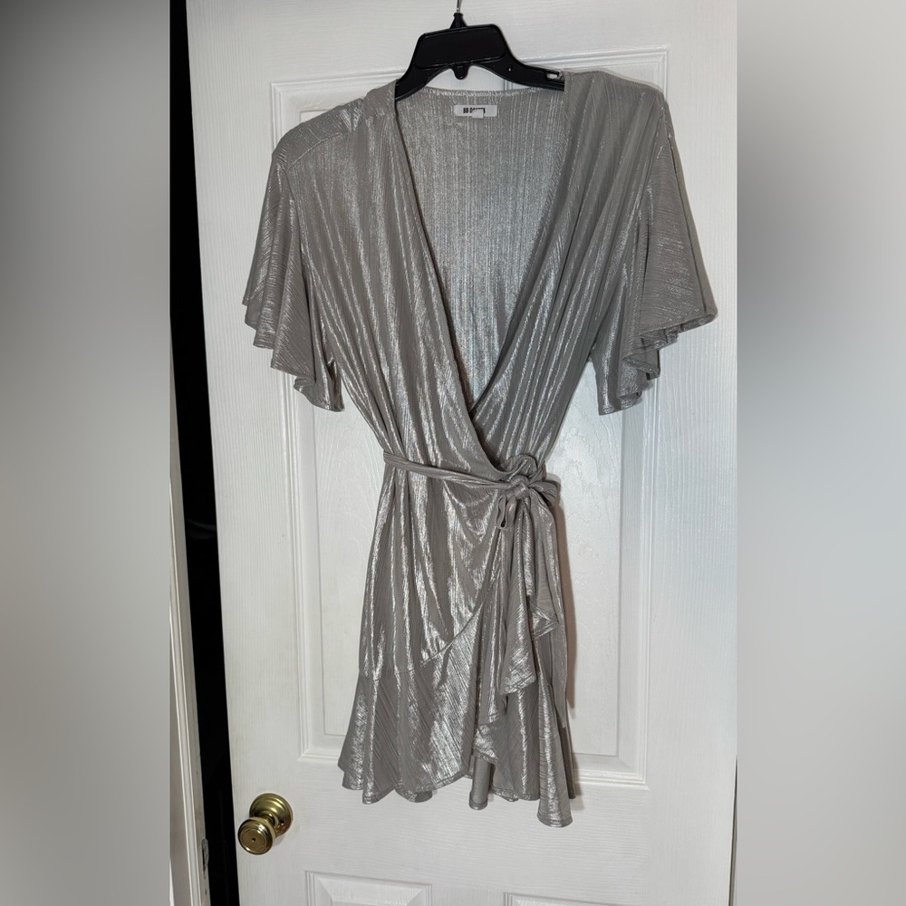 BB Dakota Metallic Silver Wrap Dress